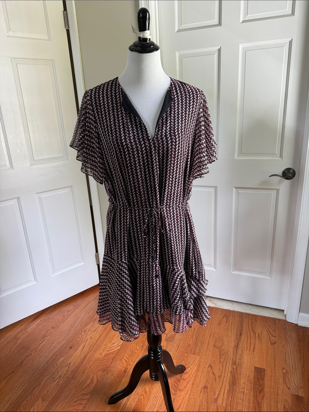 Reiss Burgundy & White Printed V-Neck Tie-Waist Ruffle Dress
